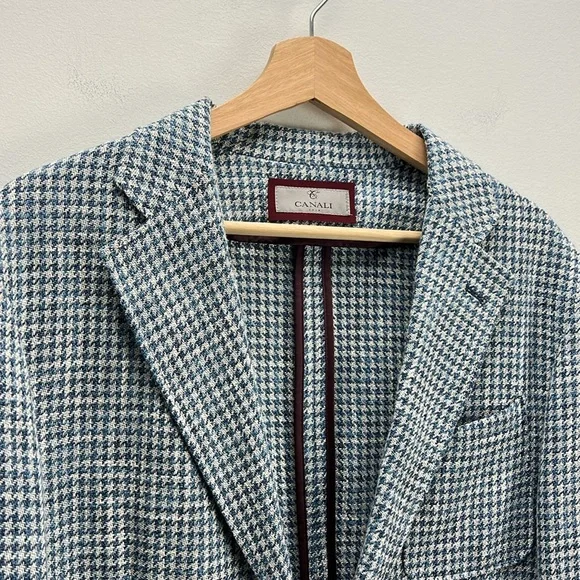 Canali Houndstooth Shacket Blue Sport Coat Blazer Linen Cotton Wool IT 50 US 40 - Picture 3 of 13